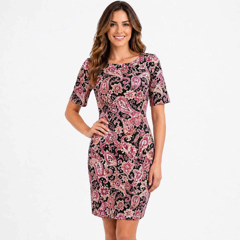 Lands' End Floral Paisley Scuba Shift Dress With Pockets Size 4P Short Sleeves